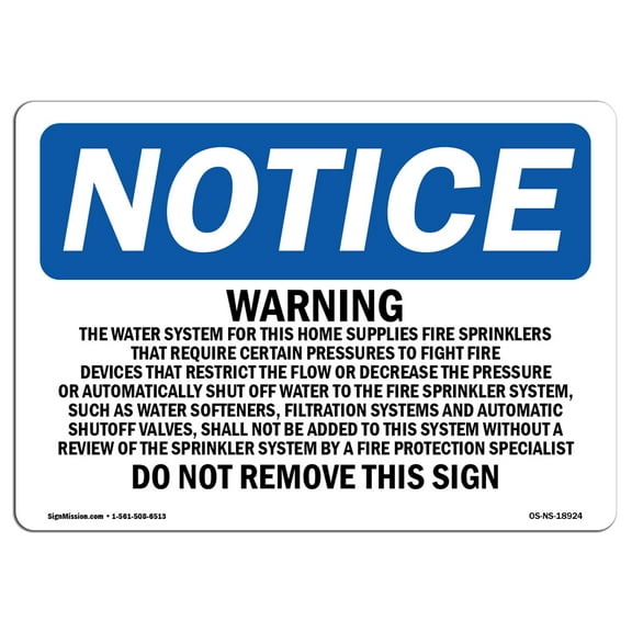 OSHA Notice Sign - Warning The Water System For This Home Supplies | Plastic Sign | Protect Your Business, Work Site, Warehouse |  Made in the USA