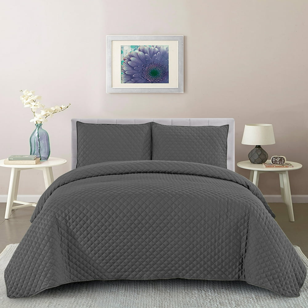 Diamond Vintage Washed 3Piece Quilt & Pillow Sham Set King Grey