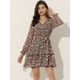 thumbnail image 2 of Vestido floral con cuello en V y manga larga con lazo en la cintura y dobladillo con volantes en capas Rosa Negro S, 2 of 5