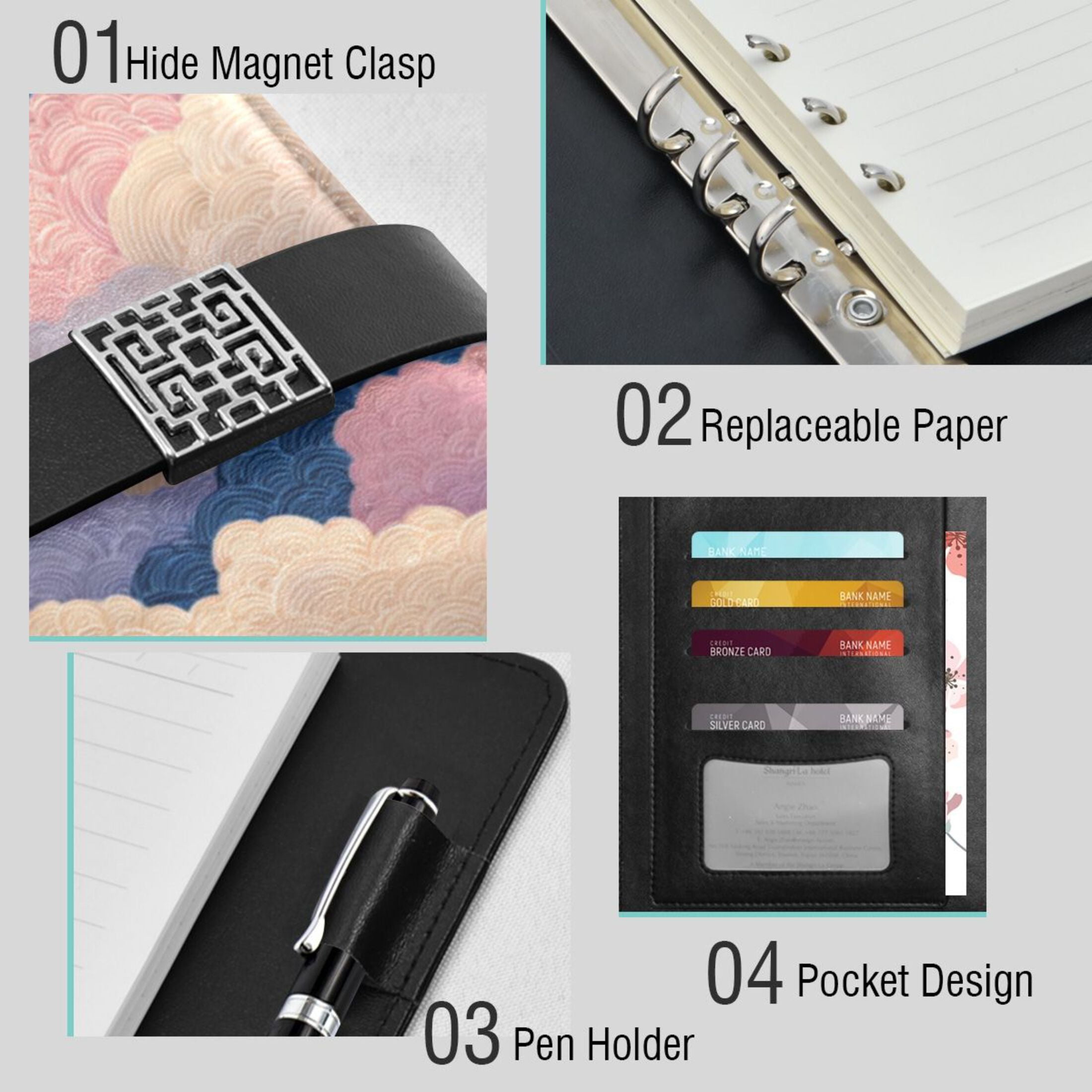 Leather Planner Leather Notebook Notebook Journal Binder Design Pen Pocket Design Convenient for Storage Purple Cloud Cartoon
