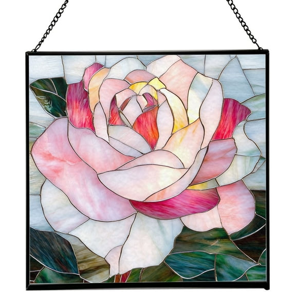 Rose Flower Stained Glass Panels, Square Shaped Window Hangings, Tiffany Glass Traditional Art Crafts for Home Decor Gifts 131OR1