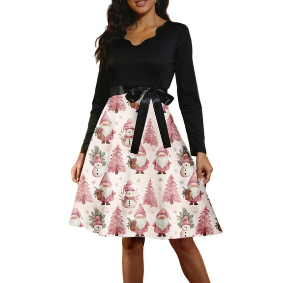 Women's Casual Fashion Long Sleeve Christmas Graphic Printed Vintage Dress with V Neck for Retro Style and Holiday Parties, Ideal for Women's Casual Wear,Hot Pink,3XL