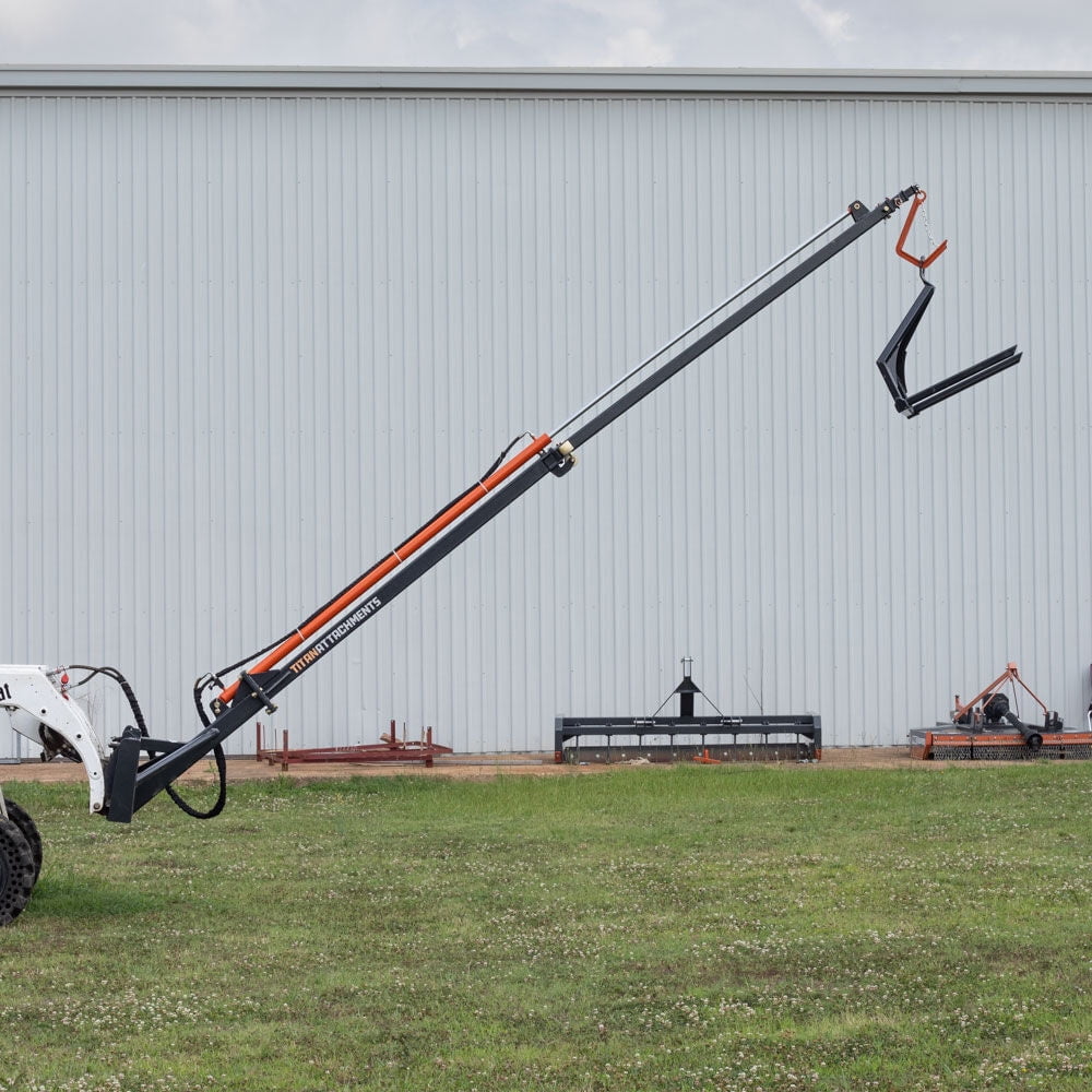 Titan Attachments 26ft Telescoping Hydraulic Truss Boom Jib Crane Fits Skid Steer Quick Tach, 313" Max Reach, 3" Bore x 90.5" Stroke, Easily Lift Hay Bales, Feed, Trusses, Beams, Dry Wallboards
