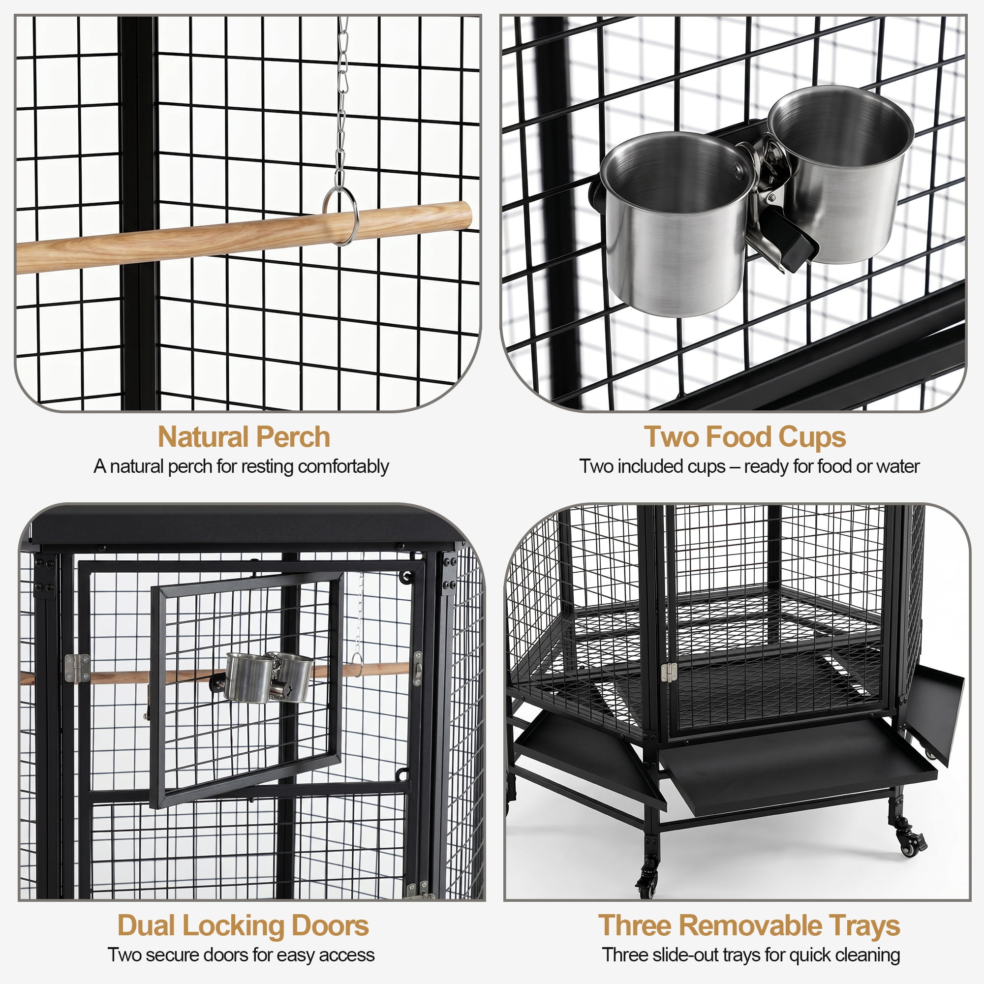 Okeysen Large 69" Hexagon Rolling Metal Bird Cage with Stand and Removable Trays