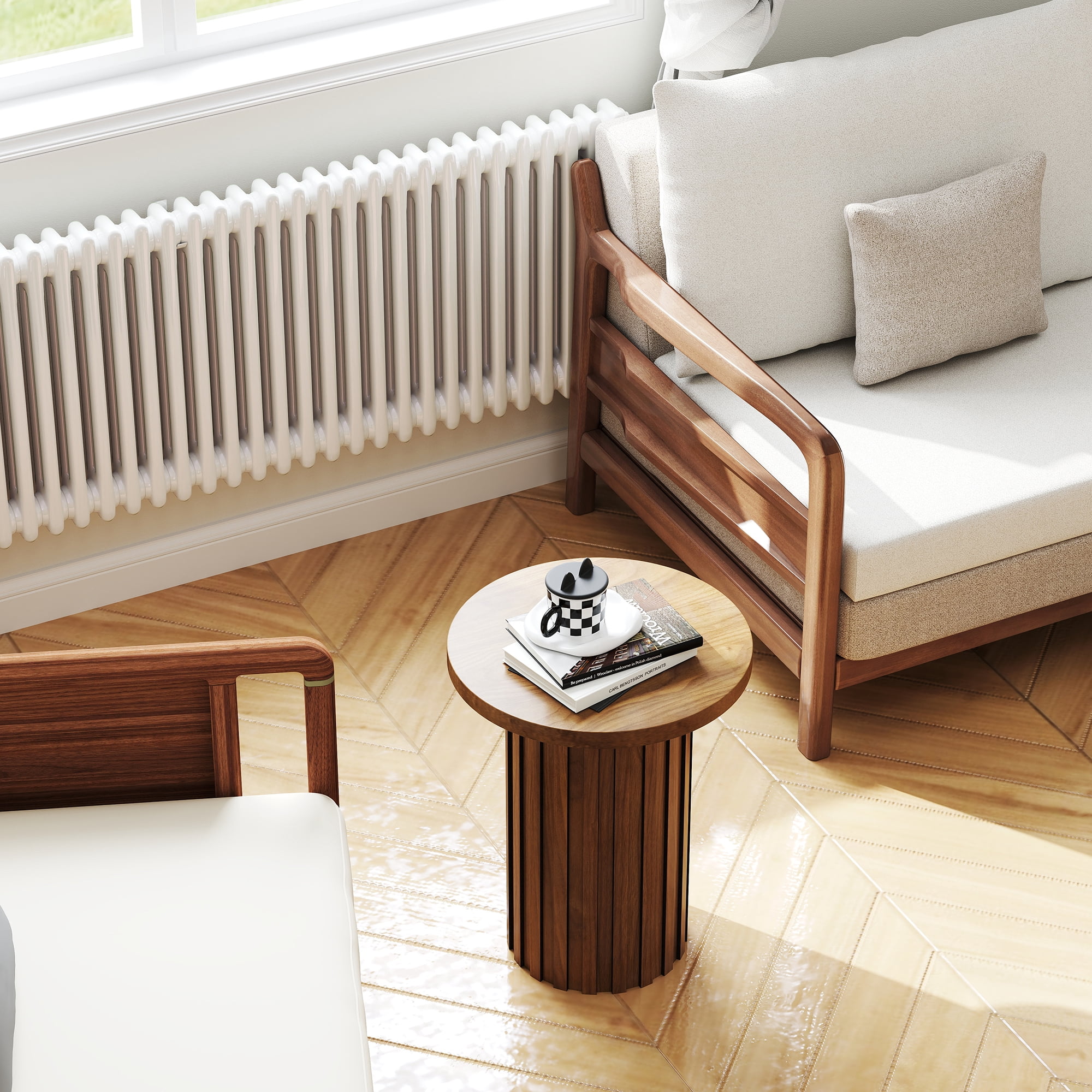 Round Side End Table 22" Tall Fluted Small End Table for Small Spaces, Modern Farmhouse Wooden Accent Table Small Drink Table for Living Room Bedroom(Walnut)