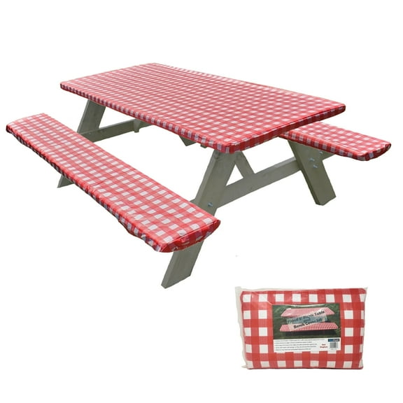 Corner-Protected Against Rips, 6 Foot, Vinyl Fitted Camping Picnic Tablecloth with Bench Covers, Waterproof, PEVA, 3-Piece Set (1 Tablecloth 72x28, 2 Seats 72x12), Red Checker