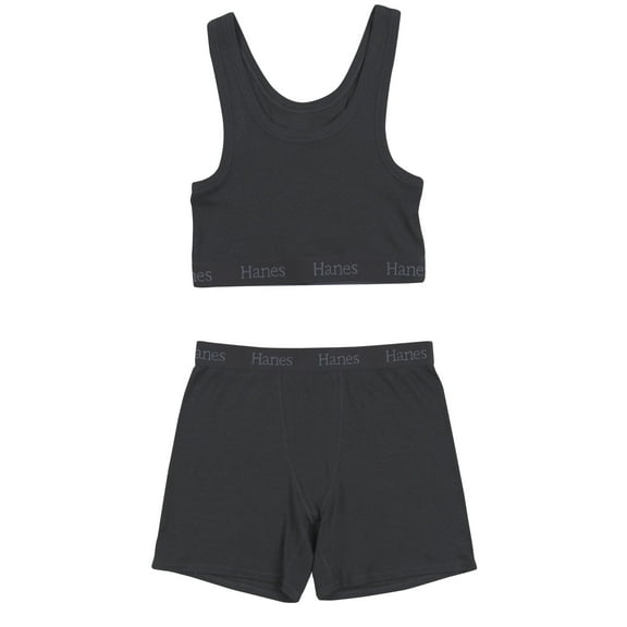 Hanes Women's Originals 2-Piece Lounge, Comfywear Supersoft Crop Top & Boxer Shorts Loungewear Set, Asphalt/Asphalt, X Small