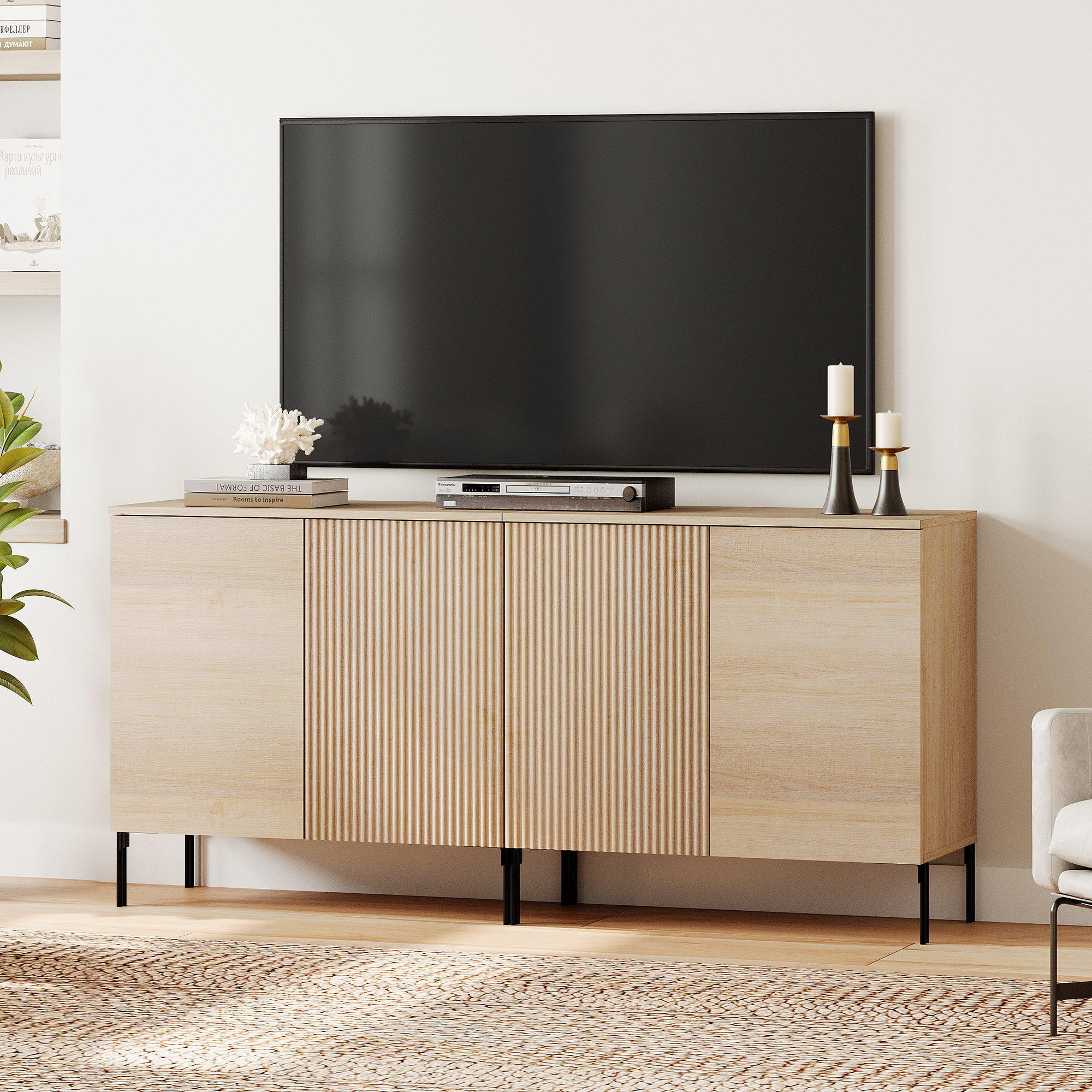 63" Modern Reeded TV Stand with Doors, Entertainment Center with Shelf, Wooden TV Console with Storage for Living Room