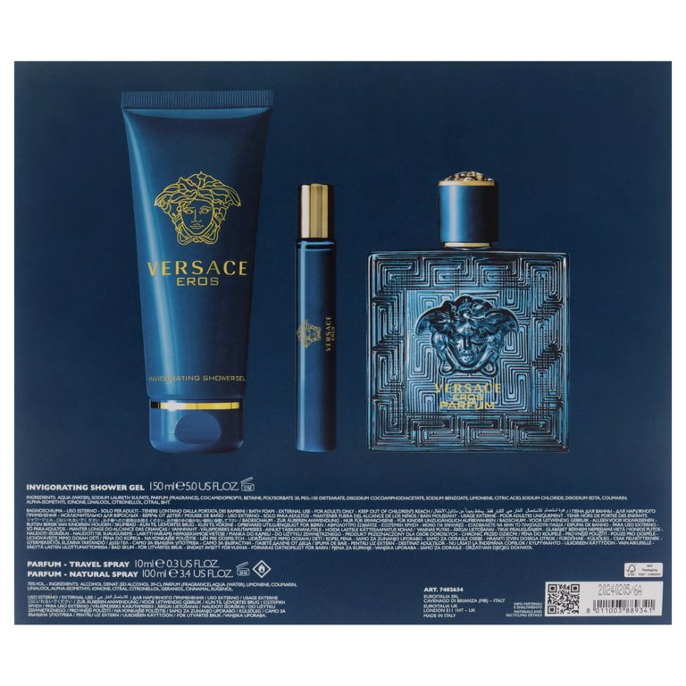 Versace Versace Eros , 3 Pc Gift Set 3.4oz Parfum Spray, 0.3oz