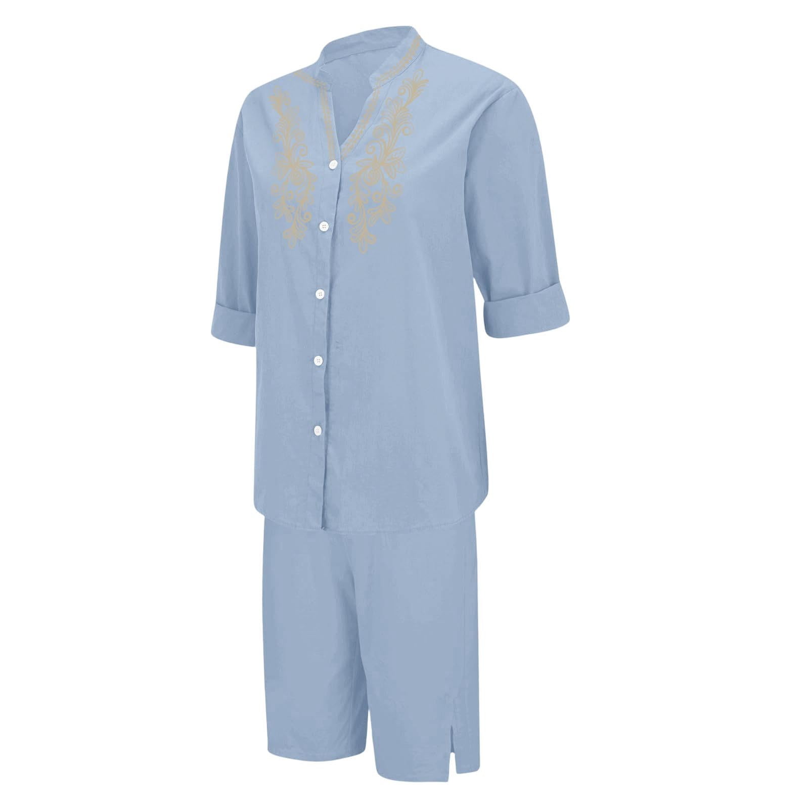 Womens 2 Piece Outfits Short Sleeve Cotton Linen Embroidered Shirts Wide Leg Capri Pants Matching Sets
