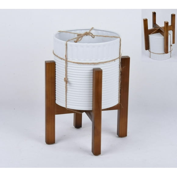 Mainstays Indoor Metal White Round Planters with Wood Stand 14.2"H