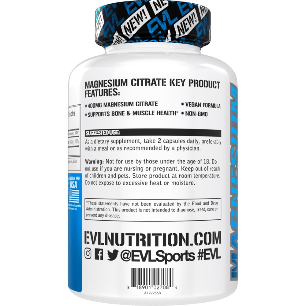 Evlution Nutrition Magnesium Citrate 400mg for Bone & Muscle Health and Natural Sleep Support, 60ct Capsules