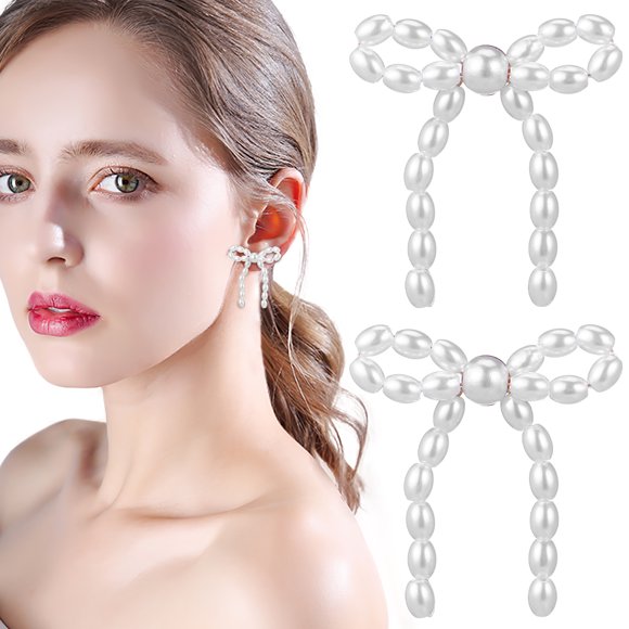 BRIGHTFUFU 1 par de pendientes de perlas con lazo, pendientes colgantes con lazo, pendientes colgantes para mujer