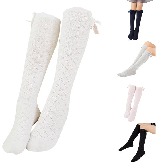 HNMKIU Children's Mesh Combed Bow Mid Tube Socks Knee High Stockings Breathable Blend for Kids White,28