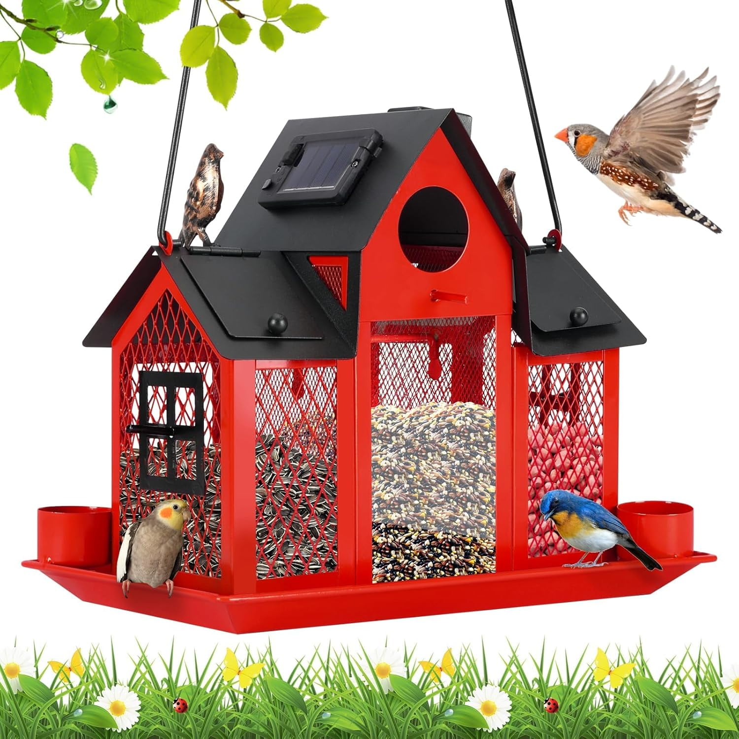 Solar Bird Feeders House for Outside Hanging, Metal Wild Bird Feeder for Outdoors, Large Cardinal Bird Feeder Birdhouses Squirrel Proof (Yellow)