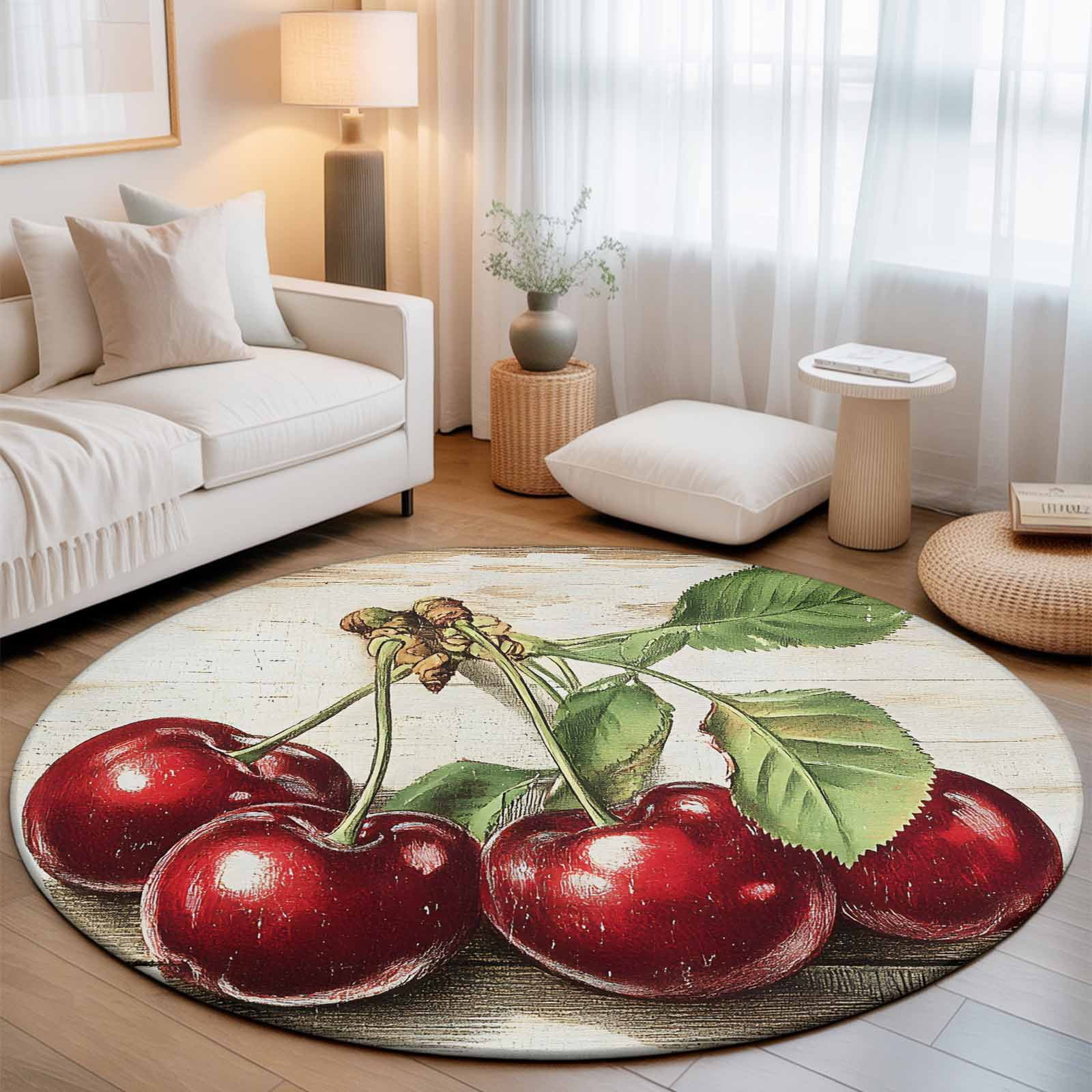 Round Rug 5ft Area Rug Cherry Fruit Vintage Wood Area Rugs for Living Room Bedroom Watercolor Oil Painting Style Floor Mat Non-Slip Non-Shedding Carpet Indoor Accent Rugs