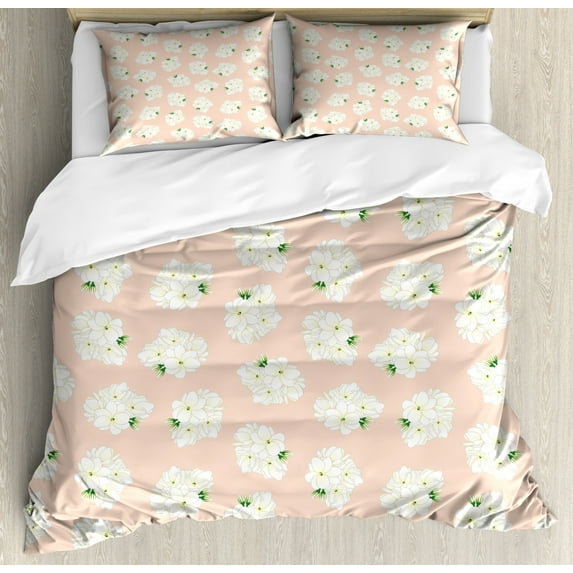 Floral Duvet Cover Set King Size, Simplistic Naive Nature Jasminum Sambac Bouquet Repetitive Pattern, Decorative 3 Piece Bedding Set with 2 Pillow Shams, Pale Peach Green and Cream, by Ambesonne