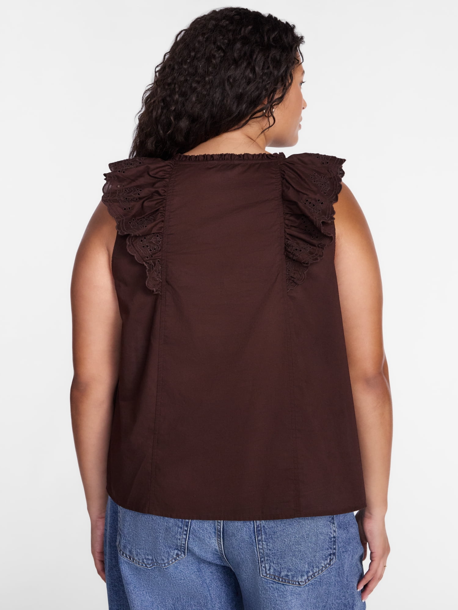 Terra & Sky Women's Plus Sleeveless Eyelet Ruffled Trim Cotton Tank Top, Sizes 0X-5X