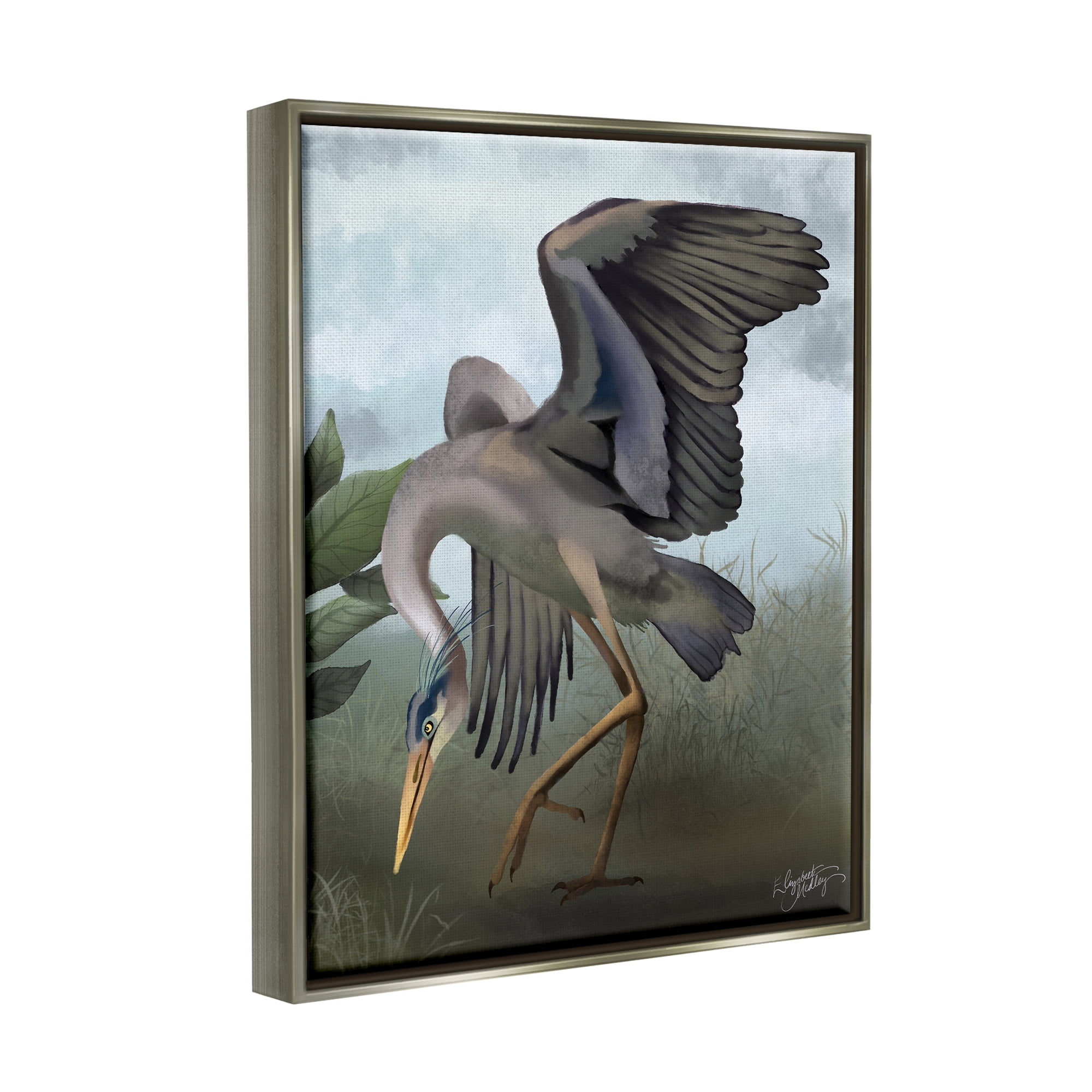 Stupell Industries Dancing Crane Portrait Animals & Insects Painting Gray Floater Framed Canvas Art Print Wall Art, 17 x 21
