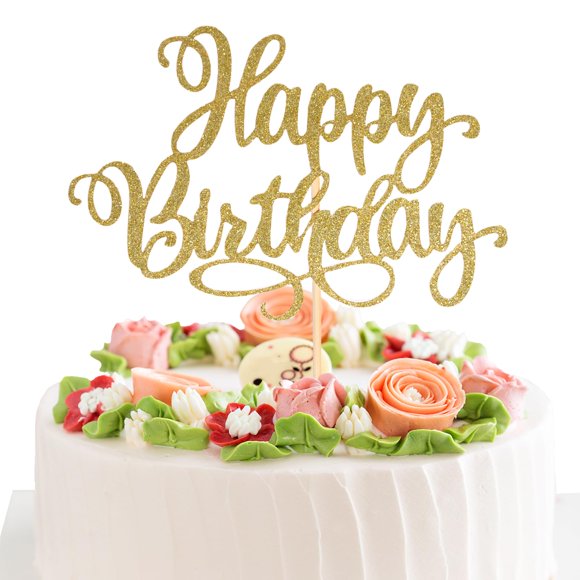 Decoración para tartas EIOAUY Happy Birthday, 23 cm, purpurina, color dorado champán