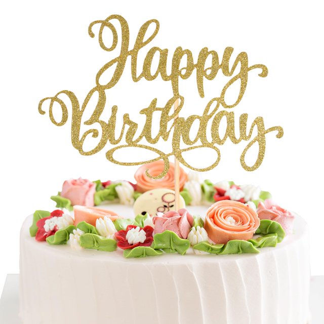 Decoración para tartas EIOAUY Happy Birthday, 23 cm, purpurina, color dorado champán