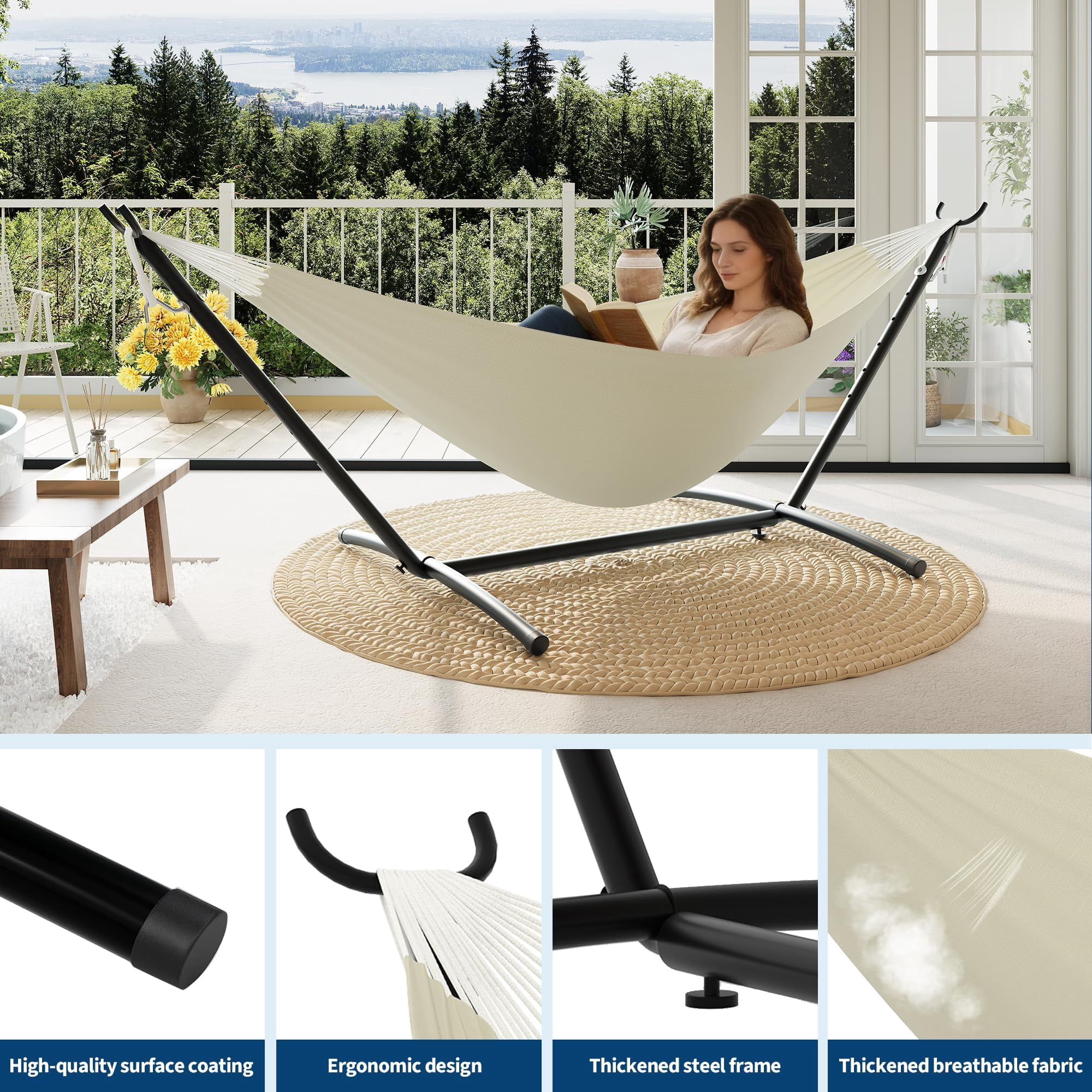 Portable Hammock with Stand, 500 lbs Capacity Hammock for Indoor & Outdoor Use, Includes Carry Bag & Adjustable Steel Frame(Beige)