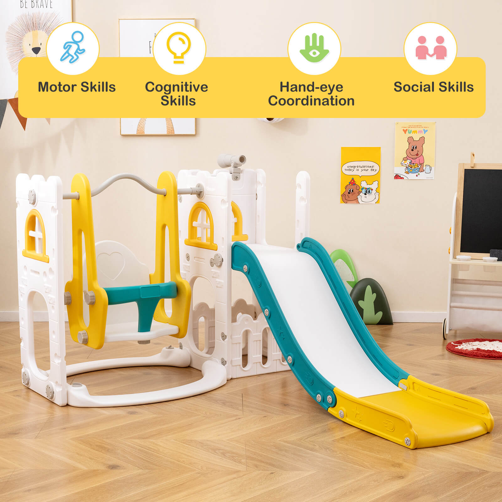 Infans 7-in-1 Toddler Slide & Swing Set Indoor Playground for Kids Age 1-3 Years Old