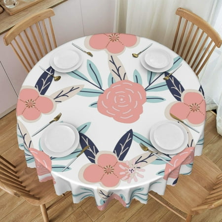

ZNDUO Tablecloths 60 x60 Round Tablecloths - Washable Polyester Tablecloth Decorative Fabric Tablecloths for Table Buffet Party and Camping Pink Flower Leaf Pattern