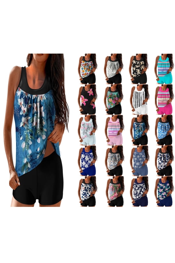 Modest Tankini Swimsuits Fashionable Printed Two-piece Shorts for Tummy Control Senior Front Women Slimming Bathing