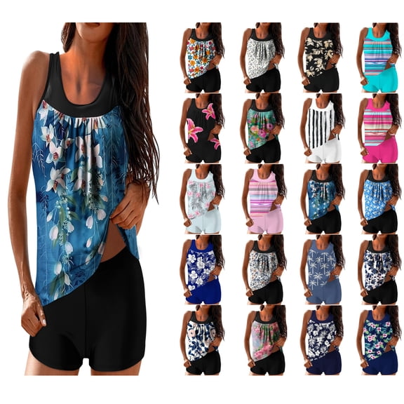 VtModv Modest Tankini Swimsuits Fashionable Printed Two-piece Shorts for Tummy Control Senior Front Women Slimming Bathing