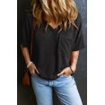 thumbnail image 2 of Women's Black Corded V-Neck Loose T-shirt with Chest Pocket, 2 of 12