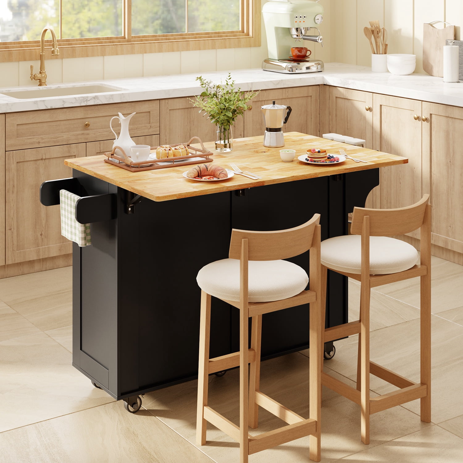 Noelse Rolling Kitchen Island Table with Storage, Drop Leaf Countertop, Kitchen Island with Rubber Wood Top, Cabinets & Rack, Black