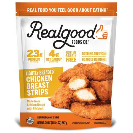 Realgood Foods Co. Lightly Breaded Chicken Breast Strips, Gluten-Free, 20 oz Regular Bag (Frozen)
