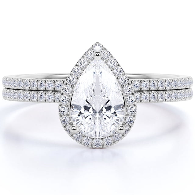 JeenMata Anillo de Bodas Exclusivo con Halo de Moissanita de Corte Pera de 1,25 Quilates para Ella en Oro Blanco de 18 K sobre Plata