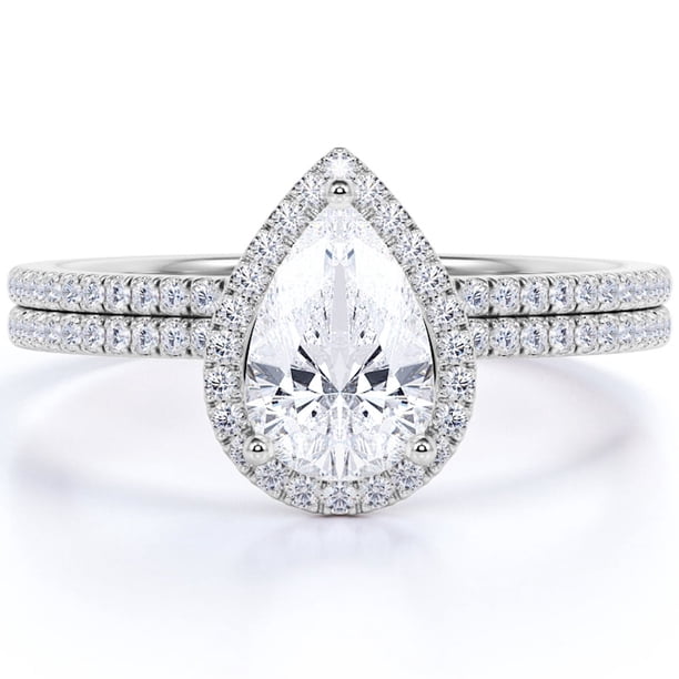 JeenMata Anillo de Bodas Exclusivo con Halo de Moissanita de Corte Pera de 1,25 Quilates para Ella en Oro Blanco de 18 K sobre Plata