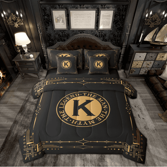 Manfei Monogrammed K Bedding Comforter Set 7pcs for Kid, Hippie Western Aztec Queen Bedding Sets, Geometric Stripes Reversible Queen Sheet Sets, Luxury Bedroom Decor