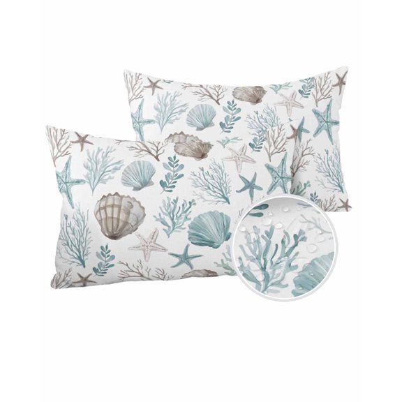 Outdoor Pillows Waterproof, Teal Coastal Throw Pillows with Inserts Included, Summer Nautical Beach Coral Starfish Shell Indoor Outdoor Decorative Lumbar Pillow for Bed/Couch/Patio 12"x20", 2Pcs