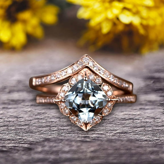 2.55 Carat Aquamarine Engagement Ring On 10k Rose Gold With V-Shape Matching Wedding Band Anniversary Ring HALO 7mm Cushion Cut Aquamarine