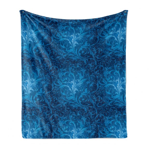 Vintage Soft Flannel Fleece Blanket, Illustration of Monochrome Style Garden Flourishes Vintage Leaves Branches, Cozy Plush for Indoor and Outdoor Use, 50" x 70", Sea Blue Sky Blue, by Ambesonne