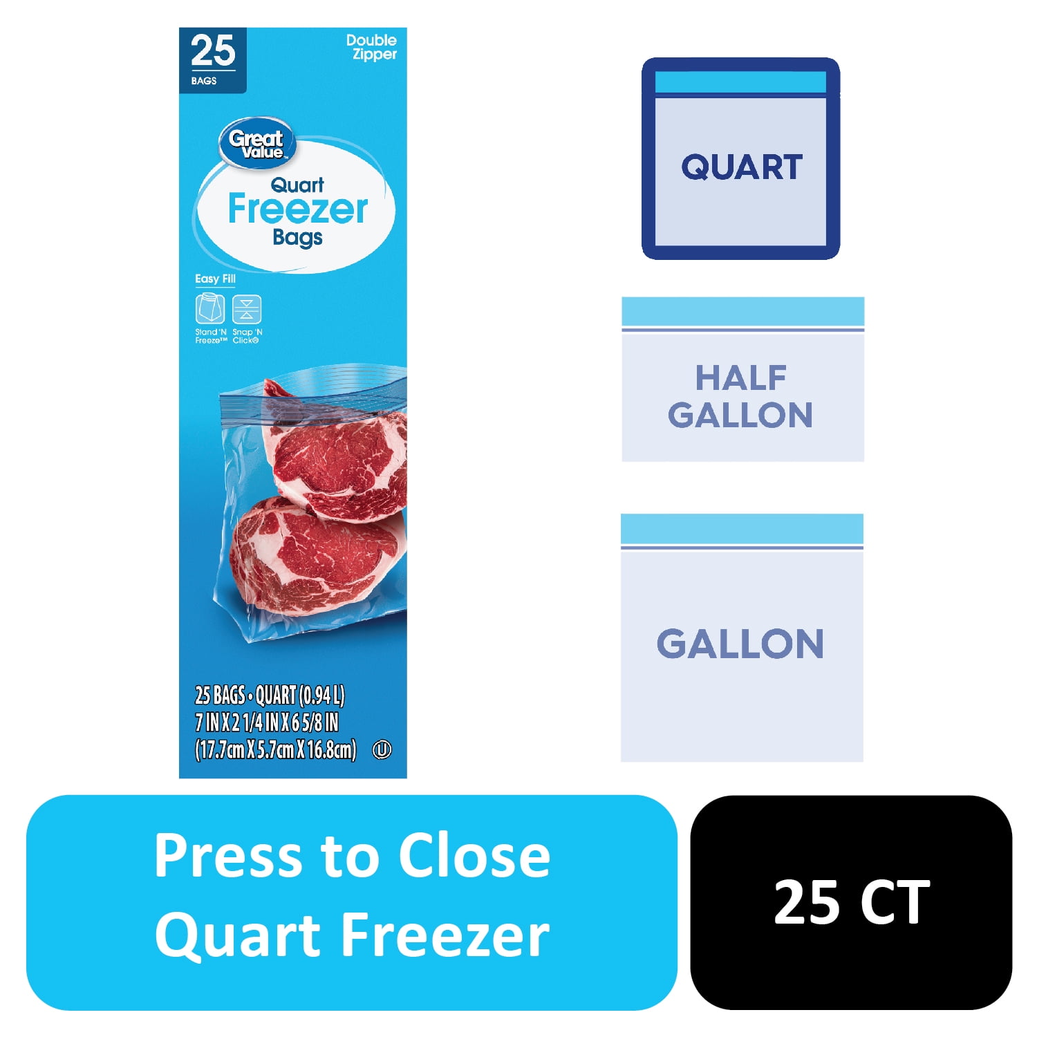 Great Value Freezer Guard Double Zipper Quart Freezer Bag, 25 Count
