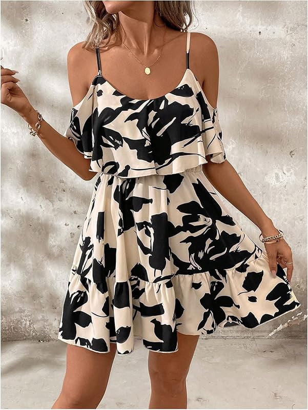 SOLY HUX Women's Floral Halter Ruffle Mini Dress - Lightweight, Tiered, Fit & Flare, Beach Party, Date Outfit