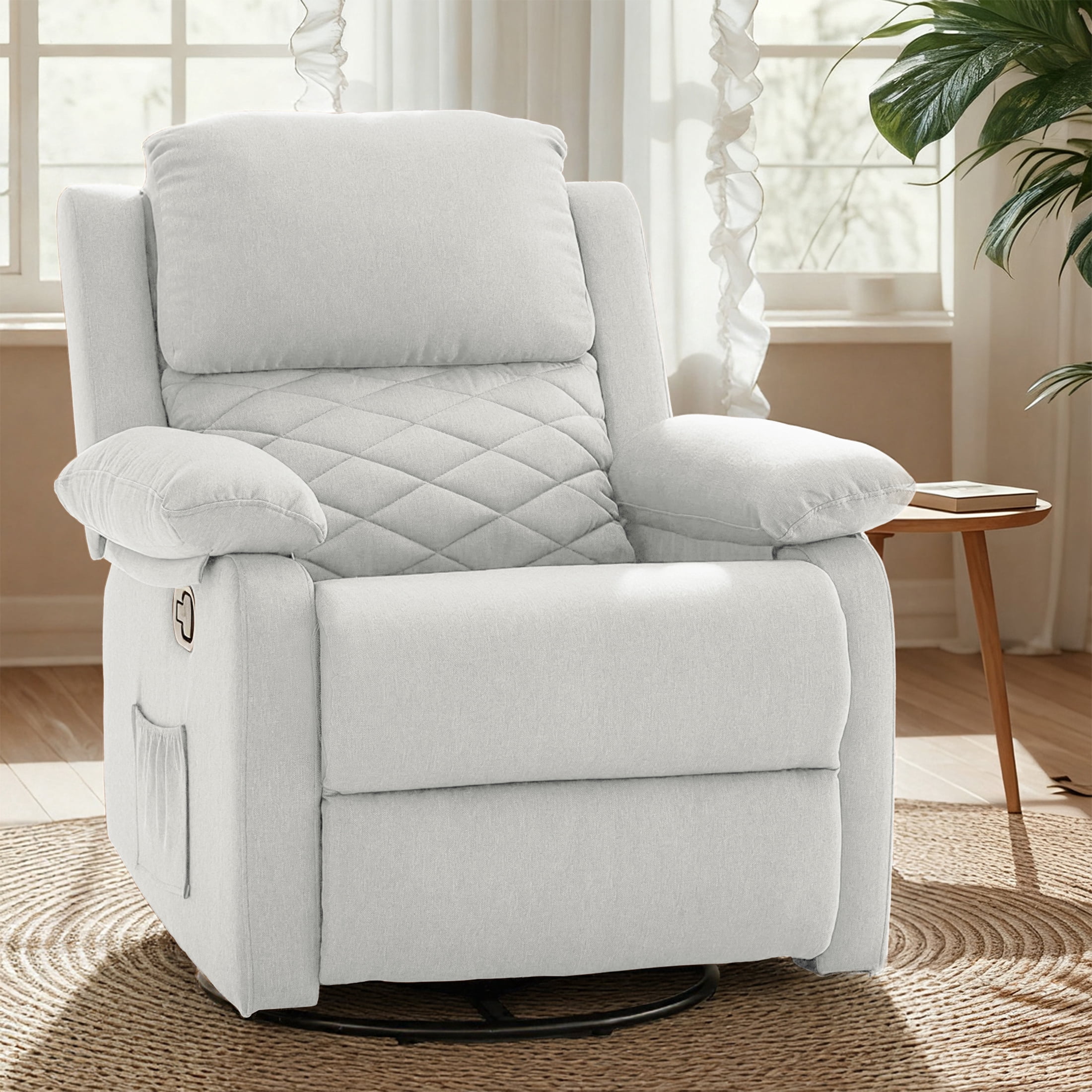 YOUDENOVA 360° Swivel Rocker Recliner Chair for Small Spaces for Living Room,Upholstered Linen Fabric Glider Nursery Chair with Side Pockets,White