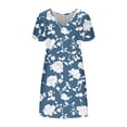 thumbnail image 6 of Smsaxvxz Women's Summer Dresses Fashion Floral Printed V Neck Short Sleeve Slim Waist Casual Flowy Hem Knee High Beach Vacation Sundress Navy M, 6 of 7