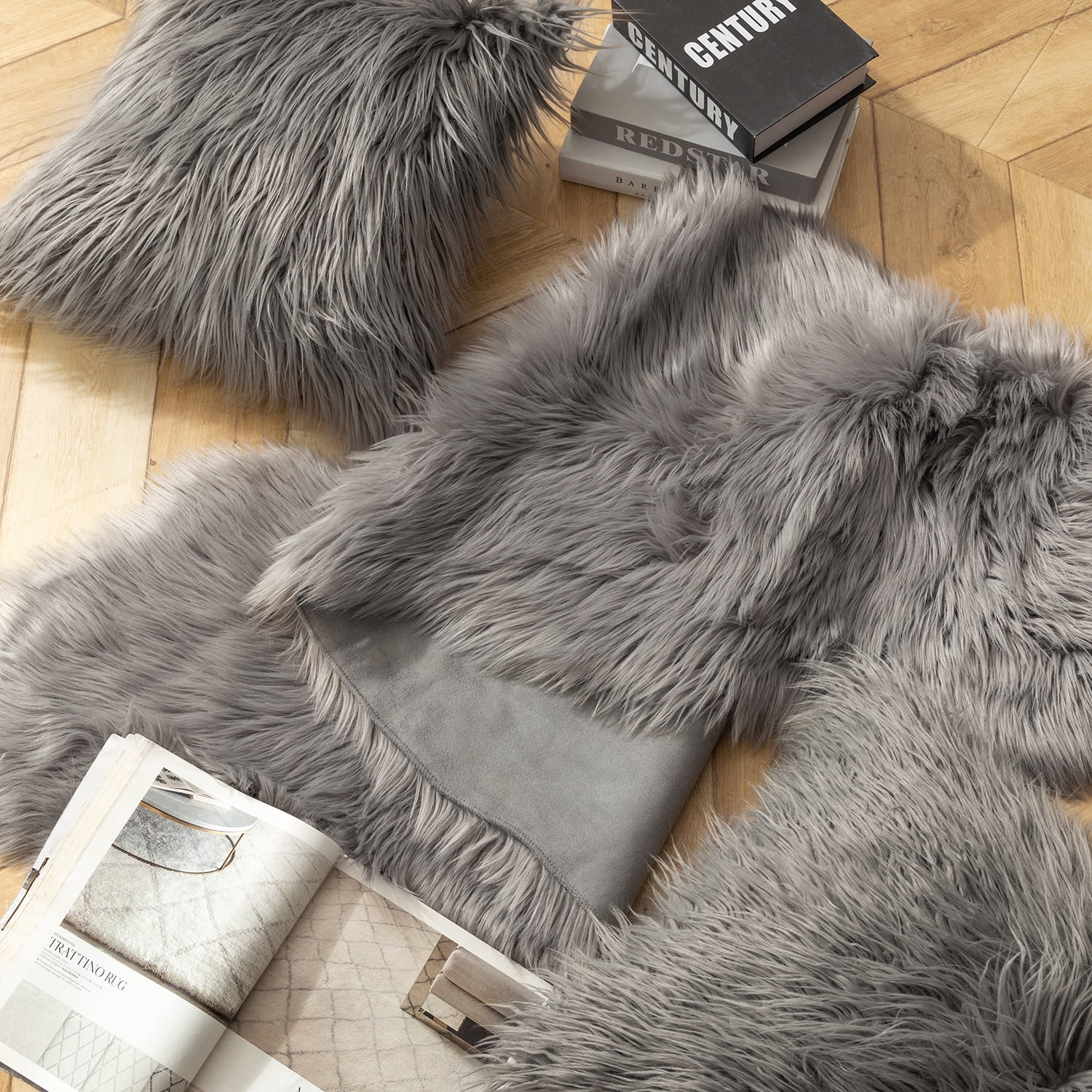 Phantoscope Designer's Choice Faux Fur Decorative Throw Pillow + Area Rug Bundle, 18" x 18"/ 2' x 6', Gray, 2 Pillows + 1 Rug