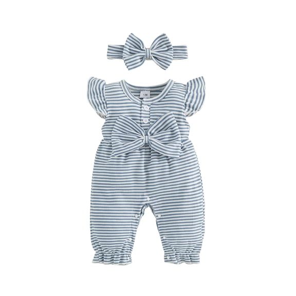 BemeyourBBs Newborn Baby Girl Spring Summer Fall Clothes Infant Baby Girl Waffled Romper One Piece Outfit Ruffled Flying Short Sleeve Front Bow Stripes Jumpsuit with Headband
