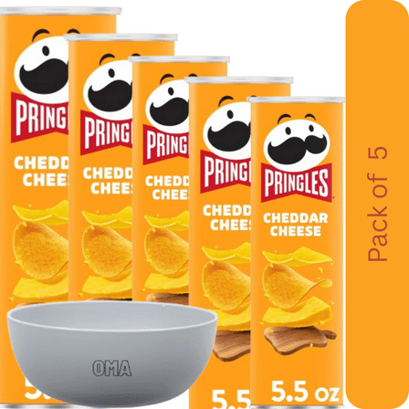 Pringles Cheddar Cheese Potato Crisps, 5 Pack (5.5 oz Each) – with Bowl by OMA