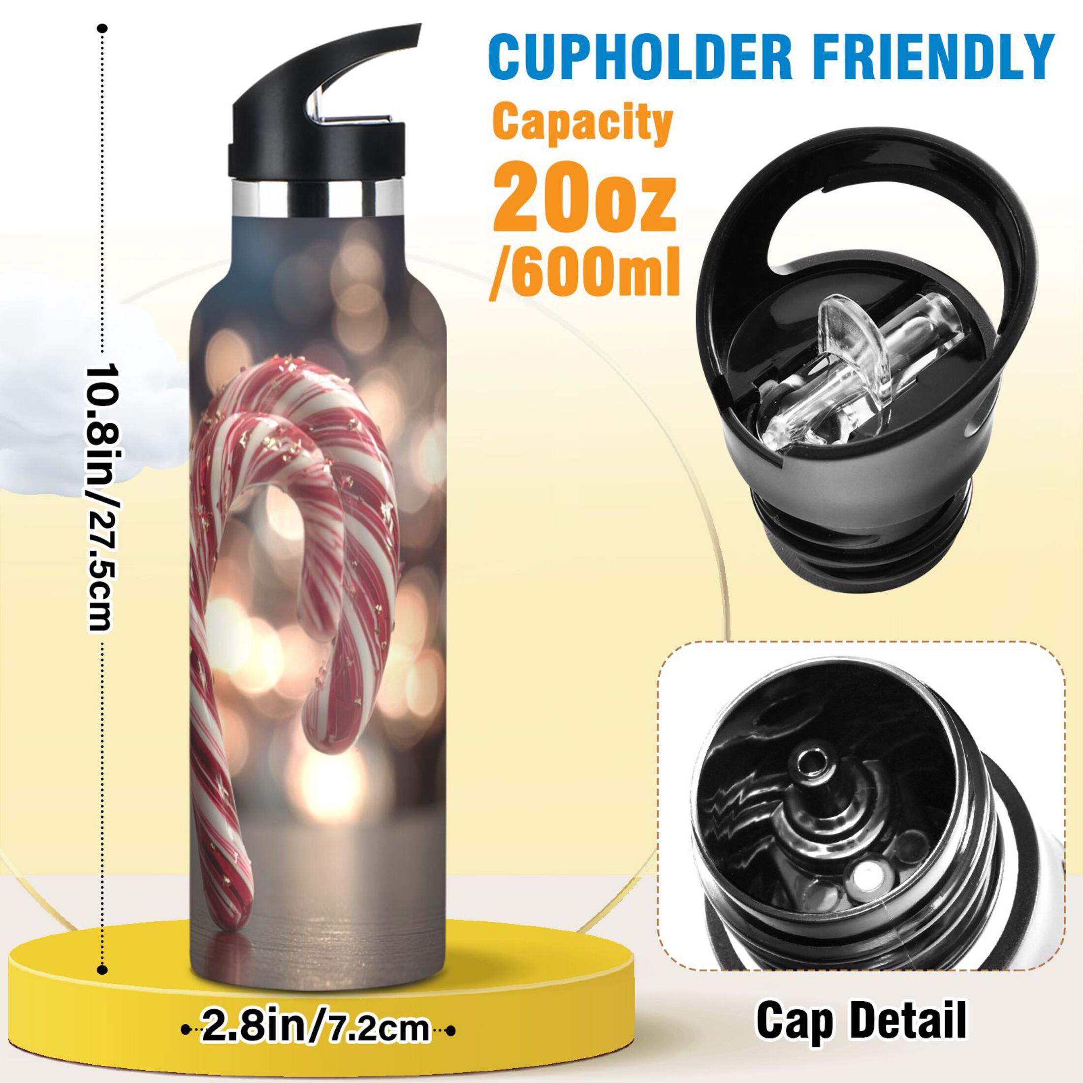 600ML Stainless Steel Insulated Cup Sports Water Bottle Portable Thermos Cup Water Glasses Insulated Tumblers Convenient and Durable Beautiful Christmas Candy Canes