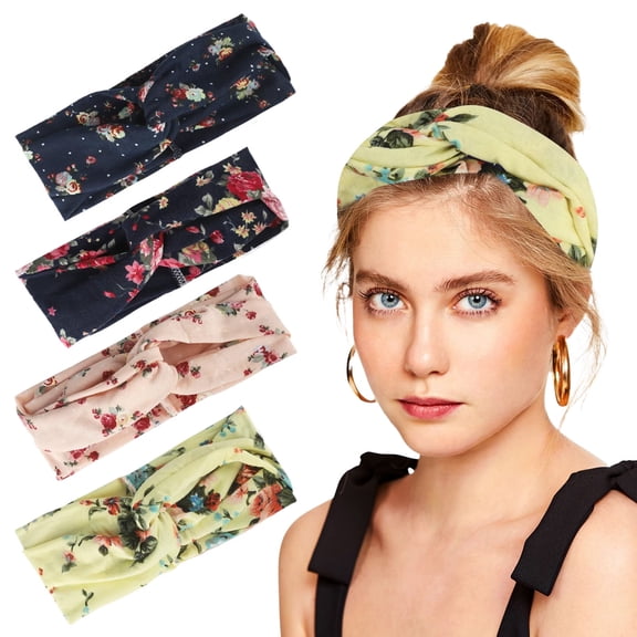 4pcs Boho Hair Bands, Criss Cross Headbands for Women and Girls, Knotted Floral Headbands, Stylish and Elastic Head Straps, Fabric Twisted Hairbands for Yoga Workout Running