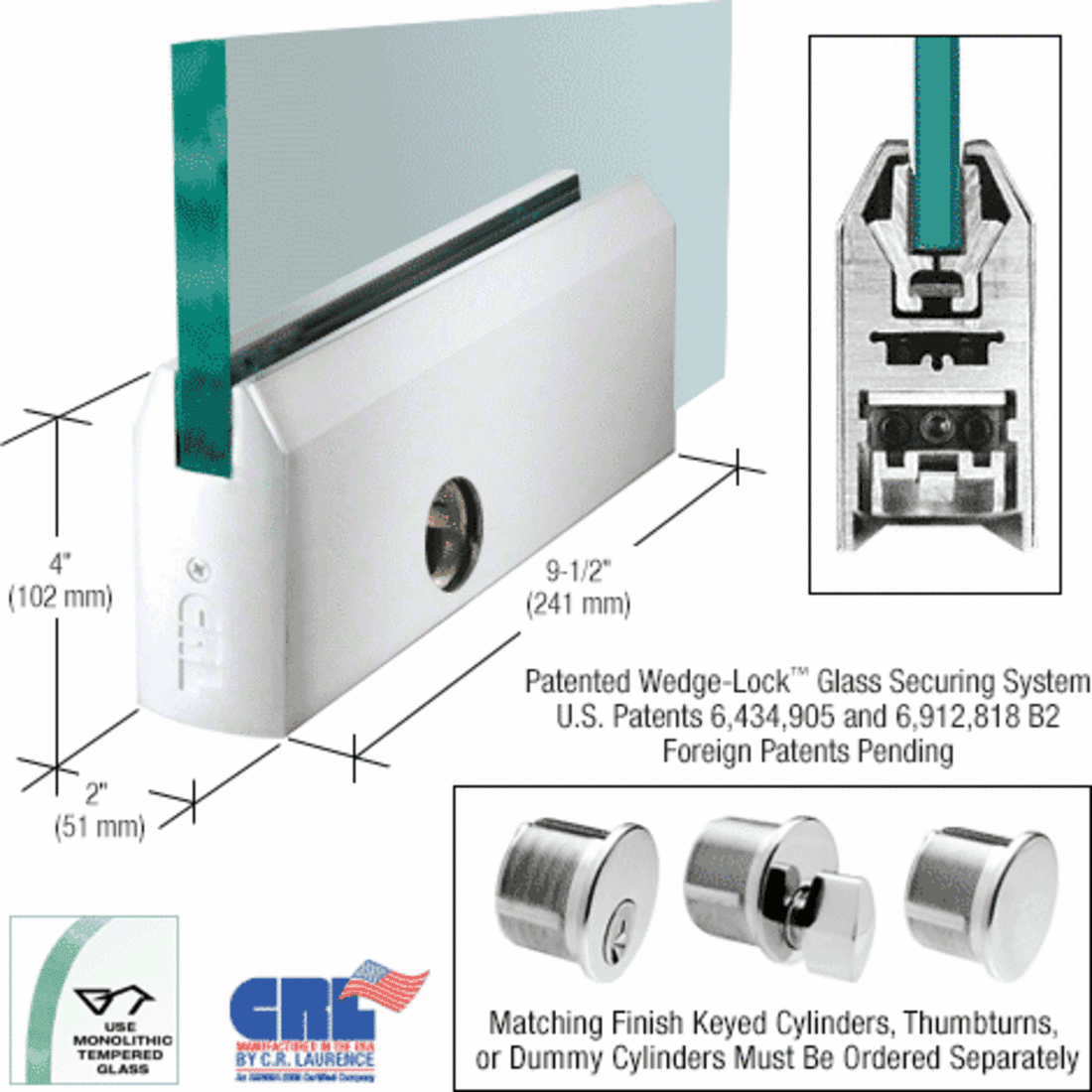 CRL Polished Stainless 1/2" Glass 4" Tapered Door Rail With Lock 91/