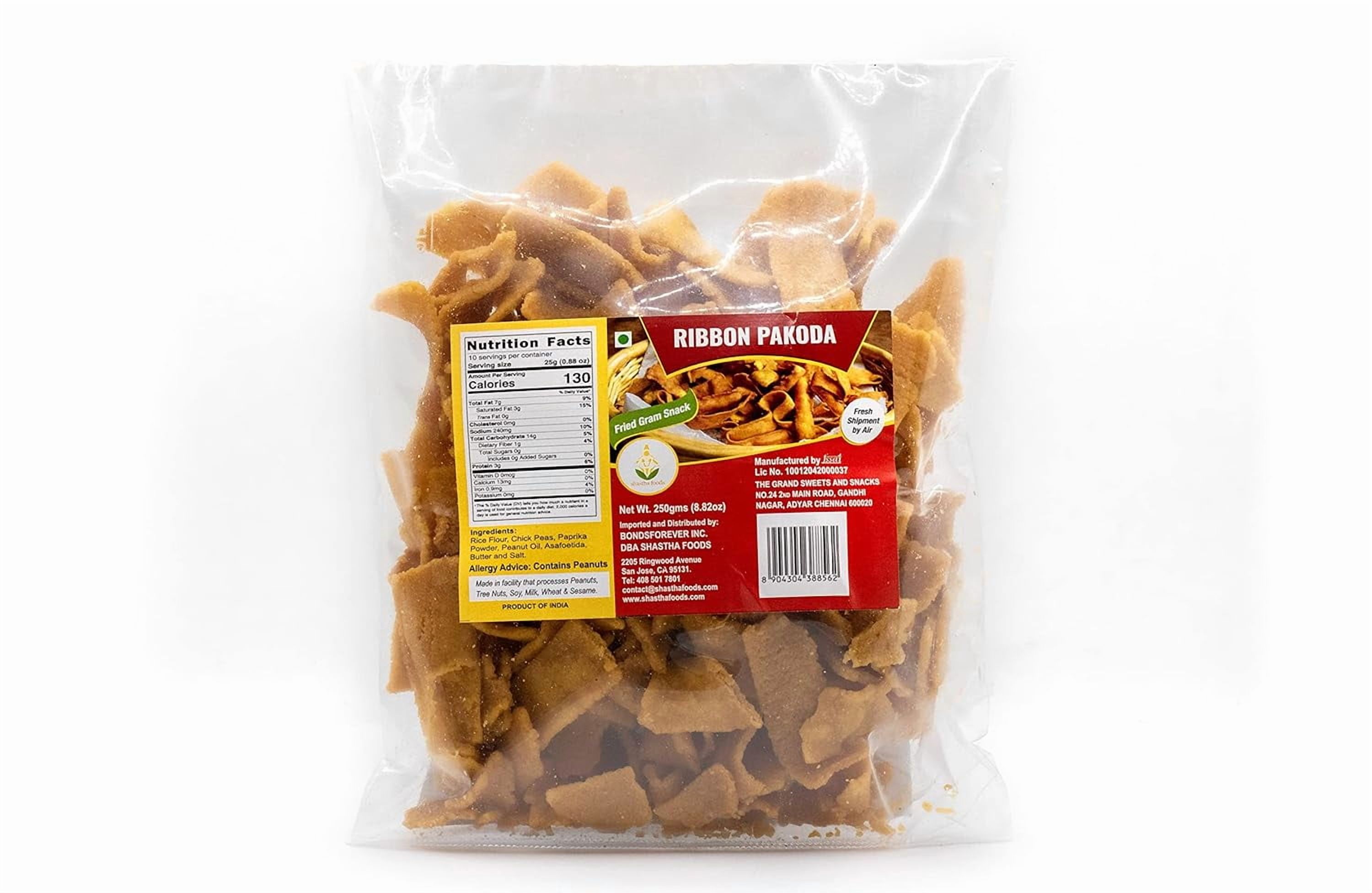 Grand Sweets and Snacks Ribbon Pakoda, pack of 2 - Plastic Pouch, Each Packet Has 250 G, Whole Food Form - Contains Wheat - Vegetarian